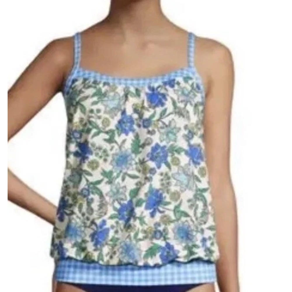 NEW Lands' End Women's Size 18D Blue Floral Gingham Blouson Tankini Swim Top